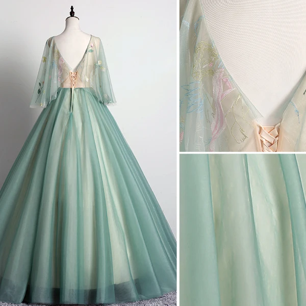 Elegant Sage Green Prom Dresses 2019 Ball Gown V-Neck Lace Flower 1/2 Sleeves Backless Floor-Length / Long Formal Dresses