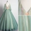 Elegant Sage Green Prom Dresses 2019 Ball Gown V-Neck Lace Flower 1/2 Sleeves Backless Floor-Length / Long Formal Dresses