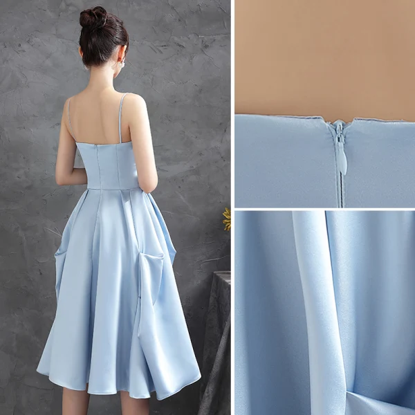 Chic / Beautiful Sky Blue Satin Homecoming Graduation Dresses 2021 A-Line / Princess Spaghetti Straps Sleeveless Backless Tea-length Formal Dresses