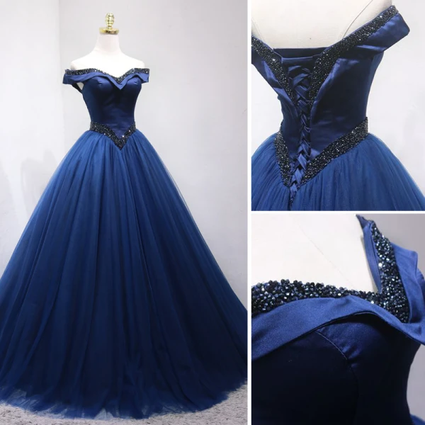Vintage / Retro Navy Blue Prom Dresses 2019 Ball Gown Off-The-Shoulder Beading Crystal Sleeveless Backless Floor-Length / Long Formal Dresses
