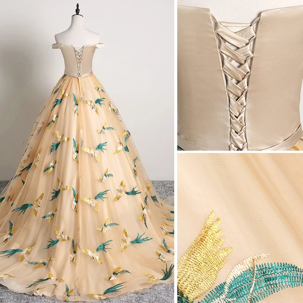 Classic Champagne Prom Dresses 2019 A-Line / Princess Off-The-Shoulder Embroidered Sleeveless Backless Court Train Formal Dresses