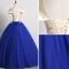 Vintage / Originale Bleu Roi Robe De Bal 2019 Robe Boule Encolure Dégagée Perle En Dentelle Fleur Appliques Mancherons Dos Nu Longue Robe De Ceremonie