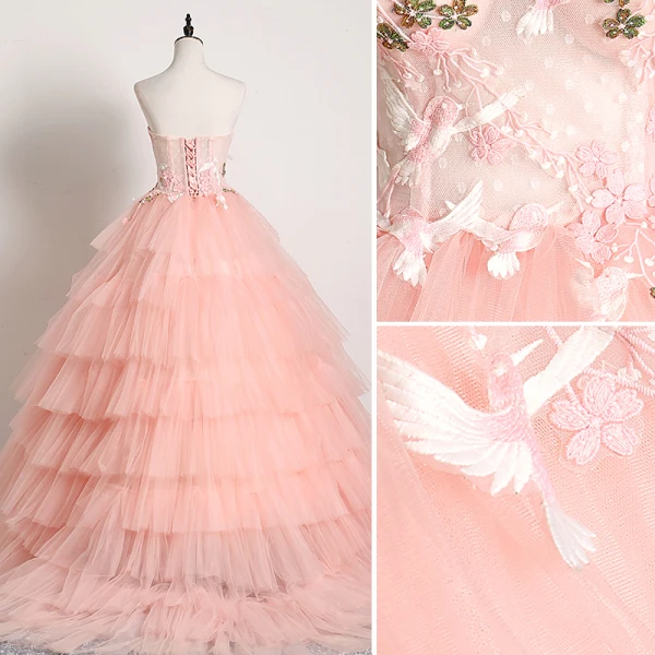 Stilig Rødmende Rosa Ballkjoler 2019 Ballkjole Kjæreste Blonder Blomst Uten Ermer Ryggløse Gripende Ruffles Feie Tog Formelle Kjoler