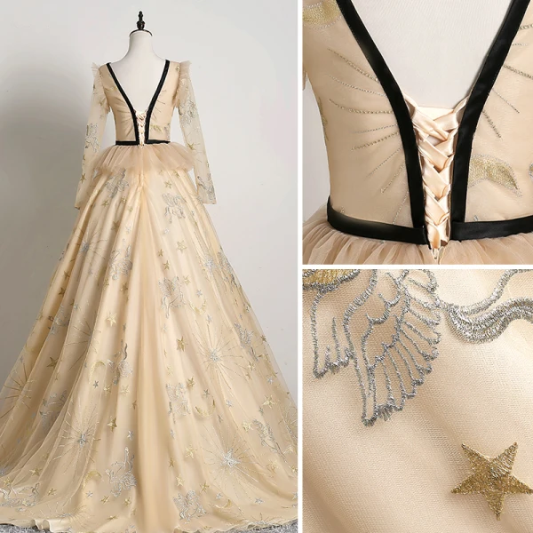 Élégant Beige Robe De Bal 2019 Princesse V-Cou En Dentelle Étoile Manches Longues Dos Nu Train De Balayage Robe De Ceremonie