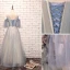 Élégant Bleu Ciel Robe De Soirée 2019 Princesse Encolure Dégagée Perlage En Dentelle Fleur Manches Courtes Dos Nu Longue Robe De Ceremonie