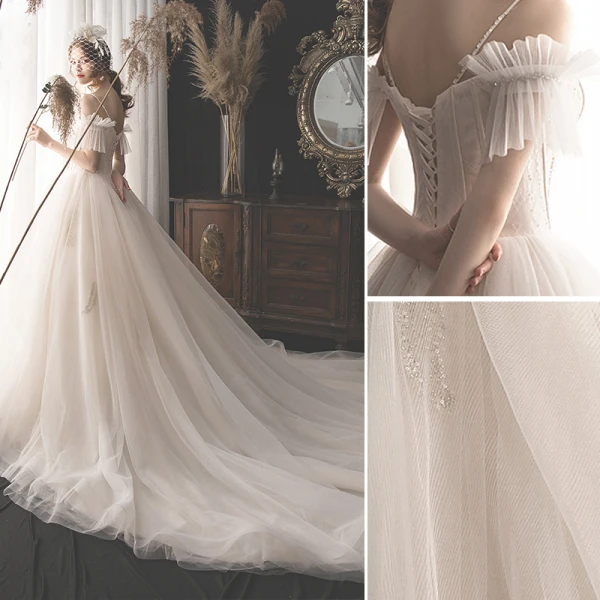 Charmant Champagner Brautkleider / Hochzeitskleider 2019 A Linie Spaghettiträger Perlenstickerei Pailletten Spitze Blumen Kurze Ärmel Rückenfreies Kathedrale Schleppe
