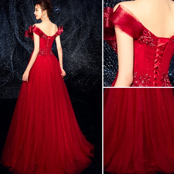Charmant Bordeaux Robe De Soirée 2019 Princesse De l'épaule Perlage Paillettes Cristal Appliques En Dentelle Fleur Manches Courtes Dos Nu Longue Robe De Ceremonie