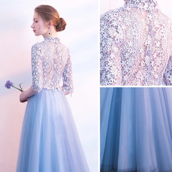 Chic / Beautiful Sky Blue Prom Dresses 2018 A-Line / Princess Lace Flower High Neck 1/2 Sleeves Floor-Length / Long Formal Dresses