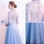 Chic / Beautiful Sky Blue Prom Dresses 2018 A-Line / Princess Lace Flower High Neck 1/2 Sleeves Floor-Length / Long Formal Dresses