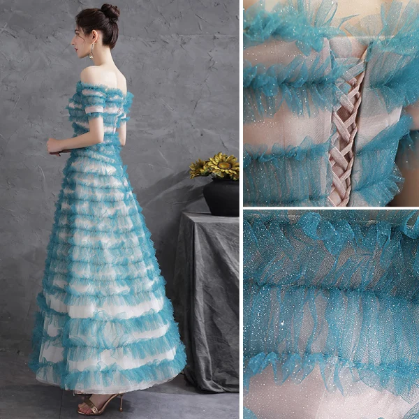 Chic / Beautiful Jade Green Glitter Ruffle Prom Dresses 2021 A-Line / Princess Off-The-Shoulder Short Sleeve Backless Floor-Length / Long Formal Dresses