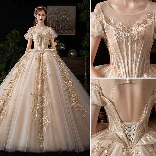 Luxury / Gorgeous Victorian Style Vintage / Retro Champagne Wedding Dresses 2019 Ball Gown Scoop Neck Beading Lace Flower Short Sleeve Backless Royal Train