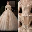 Luxury / Gorgeous Victorian Style Vintage / Retro Champagne Wedding Dresses 2019 Ball Gown Scoop Neck Beading Lace Flower Short Sleeve Backless Royal Train