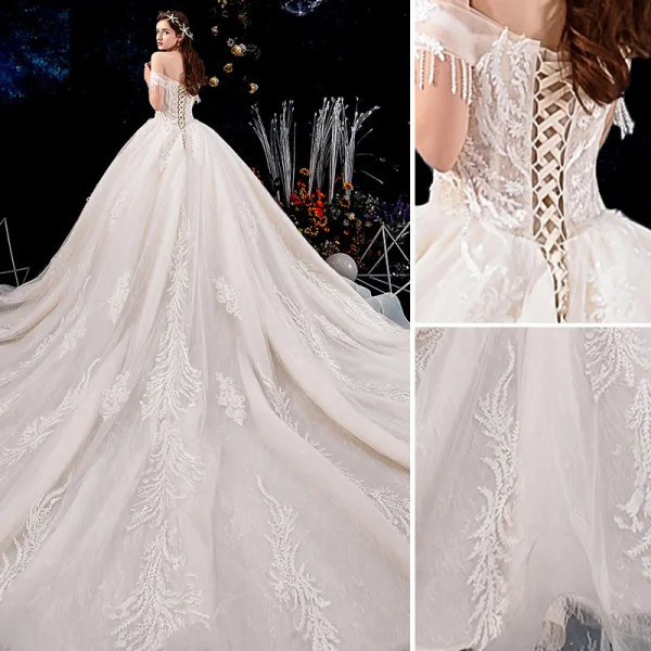 Charming Champagne Wedding Dresses 2019 A-Line / Princess Off-The-Shoulder Beading Tassel Pearl Lace Flower Appliques Short Sleeve Backless Royal Train