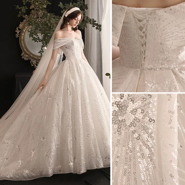 Classy Ivory Wedding Dresses 2019 Ball Gown Off-The-Shoulder Sequins Short Sleeve Backless Royal Train