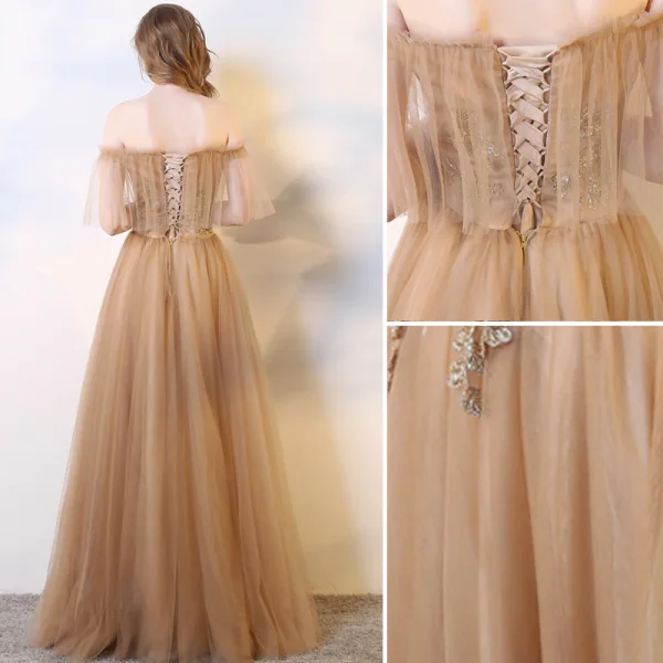 Chic / Beautiful Champagne Evening Dresses 2019 A-Line / Princess Sleeveless Beading Sequins Pearl Crystal Off-The-Shoulder Backless Floor-Length / Long Formal Dresses