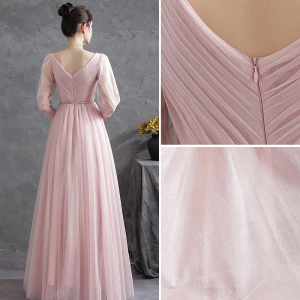 Chic / Beautiful Blushing Pink Ruffle Evening Dresses Prom Dresses 2021 A-Line / Princess V-Neck 3/4 Sleeve Backless Sash Floor-Length / Long Evening Party Formal Dresses