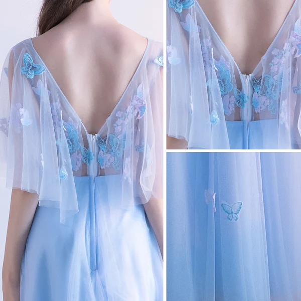 Chic / Beautiful Sky Blue Evening Dresses 2018 A-Line / Princess Lace Butterfly Scoop Neck Backless Short Sleeve Floor-Length / Long Formal Dresses