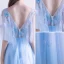 Chic / Beautiful Sky Blue Evening Dresses  2018 A-Line / Princess Lace Butterfly Scoop Neck Backless Short Sleeve Floor-Length / Long Formal Dresses