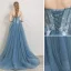 Schöne Meeresblau Abendkleider 2019 A Linie Spaghettiträger Strass Applikationen Spitze Blumen Ärmellos Rückenfreies Hof-Schleppe Festliche Kleider