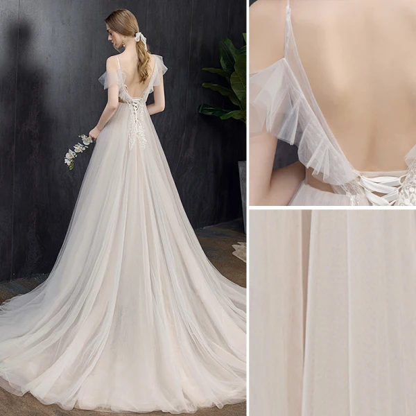 Chic / Beautiful Light Champagne Wedding Dresses 2019 A-Line / Princess V-Neck Lace Flower Short Sleeve Backless Court Train