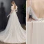 Chic / Beautiful Light Champagne Wedding Dresses 2019 A-Line / Princess V-Neck Lace Flower Short Sleeve Backless Court Train