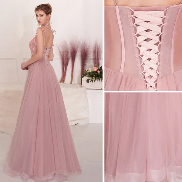 Chic / Belle Rougissant Rose Robe De Soirée 2019 Princesse Bretelles Spaghetti Noeud Perlage Paillettes Sans Manches Dos Nu Longue Robe De Ceremonie