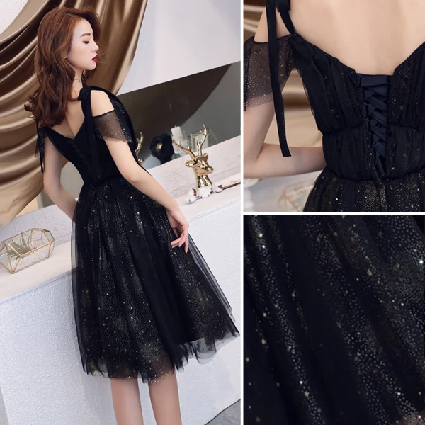 Charmant Noire Robe De Soirée 2019 Princesse Bretelles Spaghetti Étoile Paillettes Manches Courtes Dos Nu Mi-Longues Robe De Ceremonie