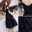 Charmant Noire Robe De Soirée 2019 Princesse Bretelles Spaghetti Étoile Paillettes Manches Courtes Dos Nu Mi-Longues Robe De Ceremonie