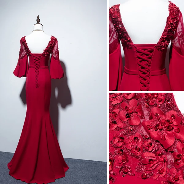 Chic / Beautiful Burgundy Evening Dresses 2019 Trumpet / Mermaid Scoop Neck Beading Sequins Lace Flower Appliques 3/4 Sleeve Backless Floor-Length / Long Formal Dresses
