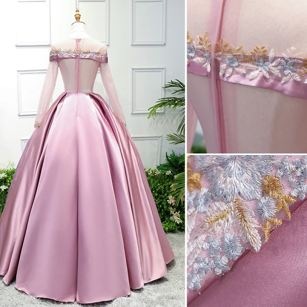 Elegant Candy Pink Prom Dresses 2019 Ball Gown Scoop Neck Lace Flower Long Sleeve Floor-Length / Long Formal Dresses