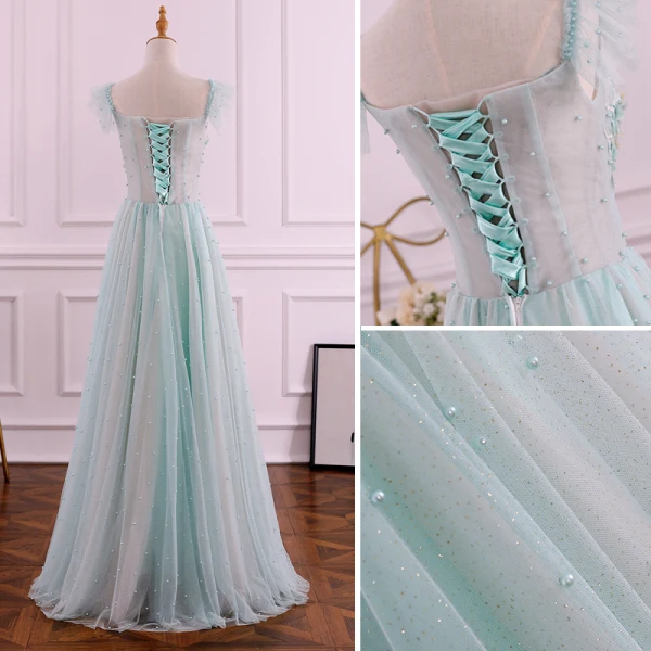 Chic / Beautiful Sage Green Evening Dresses 2019 A-Line / Princess Square Neckline Pearl Sequins Lace Flower Sleeveless Backless Floor-Length / Long Formal Dresses