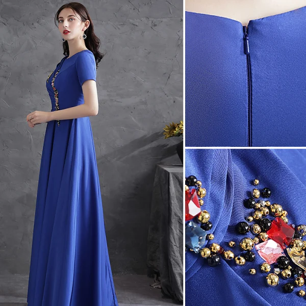 Modest  Grey Crystal Rhinestone Satin Evening Dresses  2021 A-Line / Princess Scoop Neck Short Sleeve Floor-Length / Long Evening Party Formal Dresses