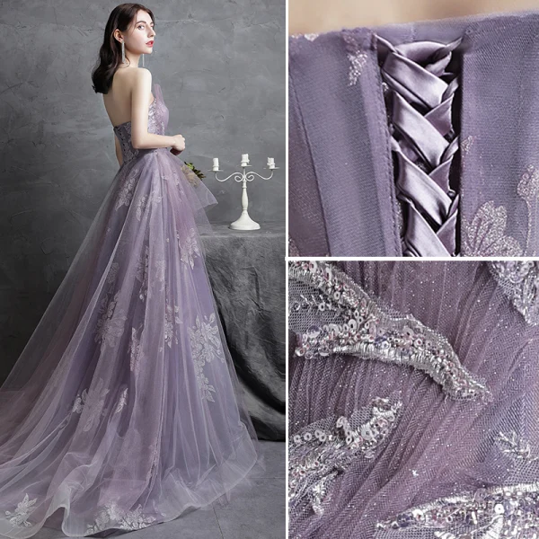 Chic / Beautiful Purple Prom Dresses Evening Dresses 2021 A-Line / Princess Strapless Sequins Lace Flower Sleeveless Backless Sweep Train Evening Party Formal Dresses