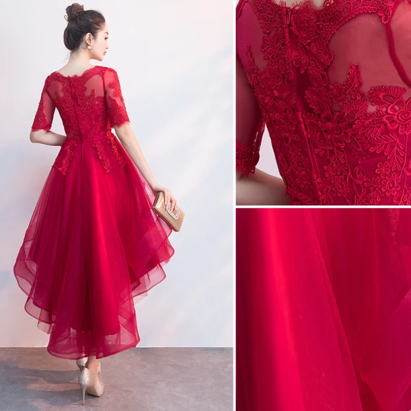 Charming Burgundy Party Dresses 2019 A-Line / Princess Scoop Neck 1/2 Sleeves Lace Flower Asymmetrical Formal Dresses