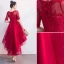 Charming Burgundy Party Dresses 2019 A-Line / Princess Scoop Neck 1/2 Sleeves Lace Flower Asymmetrical Formal Dresses