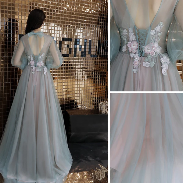Élégant Vert Cendré Robe De Soirée 2019 Princesse Encolure Dégagée Perlage Perle Faux Diamant En Dentelle Fleur Manches Longues Dos Nu Longue Robe De Ceremonie