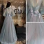 Élégant Vert Cendré Robe De Soirée 2019 Princesse Encolure Dégagée Perlage Perle Faux Diamant En Dentelle Fleur Manches Longues Dos Nu Longue Robe De Ceremonie