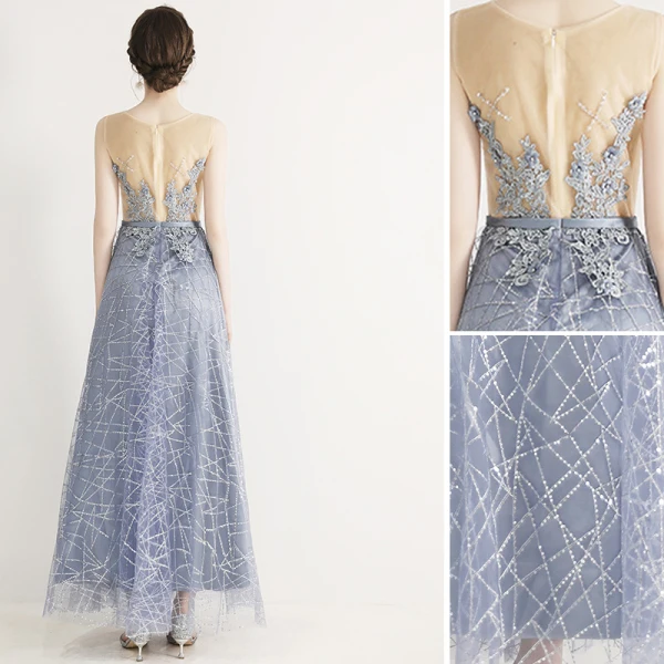 Chic / Belle Bleu Ciel Robe De Soirée 2019 Princesse Encolure Dégagée Perlage En Dentelle Fleur Appliques Faux Diamant Sans Manches Longue Robe De Ceremonie
