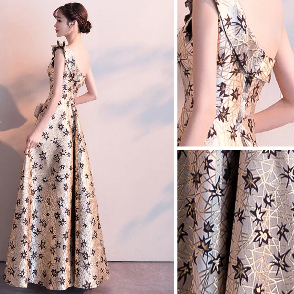 Classy Gold Evening Dresses  2019 A-Line / Princess One-Shoulder Lace Flower Sleeveless Backless Floor-Length / Long Formal Dresses