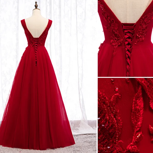Chic / Belle Bordeaux Robe De Soirée 2019 Princesse V-Cou Perlage Cristal En Dentelle Fleur Sans Manches Dos Nu Longue Robe De Ceremonie