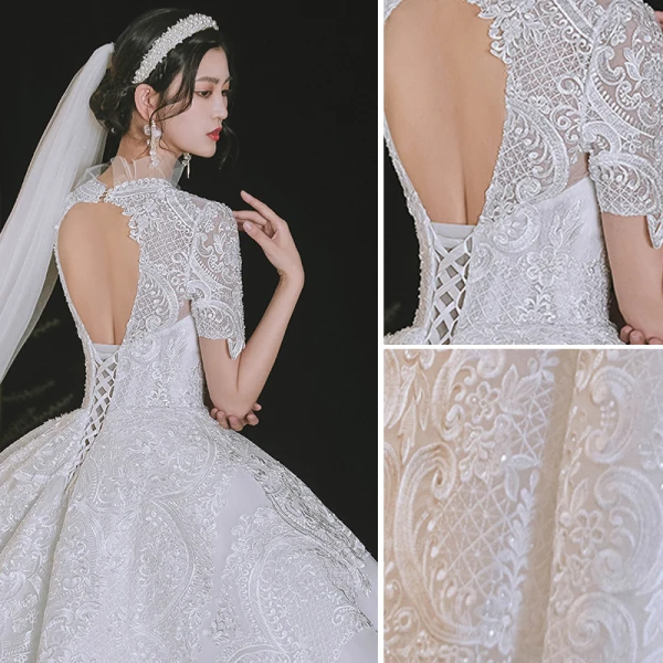 Élégant Haut de Gamme Ivoire Robe Boule Robe De Mariée 2021 Encolure Dégagée Perlage En Dentelle Fleur Manches Courtes Dos Nu Royal Train Mariage