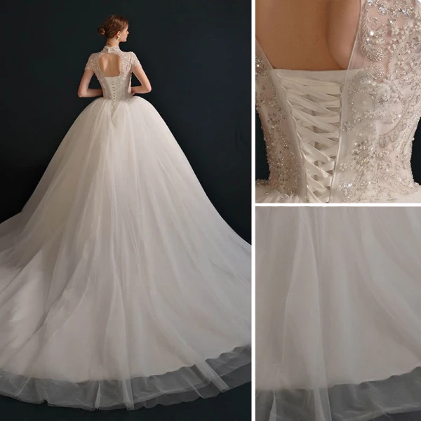 Vintage High End Weiß Ballkleid Brautkleider / Hochzeitskleider 2021 Rundhalsausschnitt Perlenstickerei Perle Strass Kurze Ärmel Rückenfreies Königliche Schleppe Hochzeit