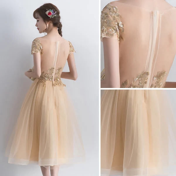 Chic / Beautiful Champagne Homecoming Graduation Dresses 2018 A-Line / Princess Sequins Lace Flower Scoop Neck Short Sleeve Knee-Length Formal Dresses