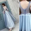 Élégant Bleu Robe De Soirée 2019 Princesse V-Cou Perlage Cristal Sans Manches Dos Nu Longue Robe De Ceremonie