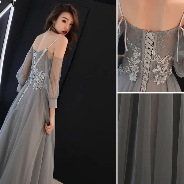 Elegant Grey Evening Dresses 2019 A-Line / Princess Spaghetti Straps Appliques Lace Flower Pearl Long Sleeve Backless Floor-Length / Long Formal Dresses
