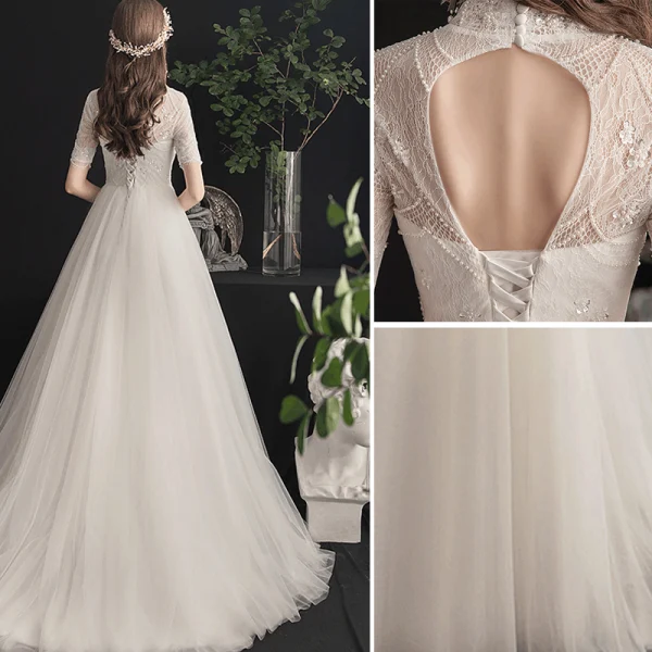 Chic / Belle Champagne Robe De Mariée 2019 Princesse Col Haut Perlage Paillettes Perle En Dentelle Fleur Manches Courtes Dos Nu Train De Balayage