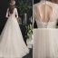 Chic / Belle Champagne Robe De Mariée 2019 Princesse Col Haut Perlage Paillettes Perle En Dentelle Fleur Manches Courtes Dos Nu Train De Balayage