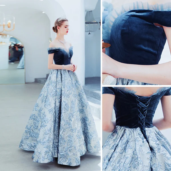 Elegant Ocean Blue Evening Dresses 2019 A-Line / Princess Suede Off-The-Shoulder Lace Flower Sleeveless Backless Floor-Length / Long Formal Dresses