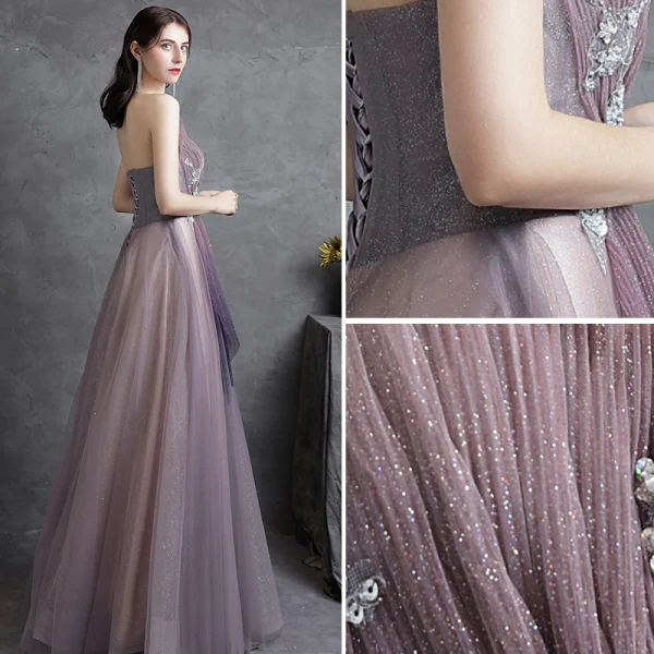Charming Purple Lace Flower Evening Dresses Prom Dresses 2021 A-Line / Princess Ruffle Strapless Sequins Sleeveless Backless Floor-Length / Long Evening Party Prom Formal Dresses