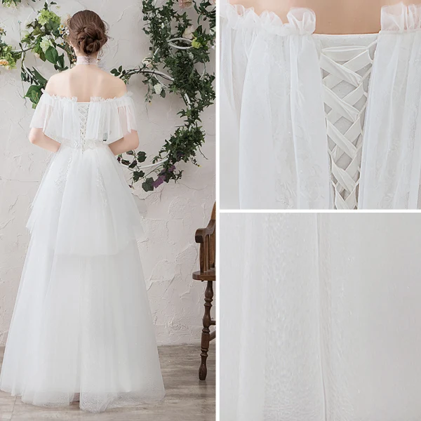 Light White Beach Wedding Dresses 2019 A-Line / Princess Off-The-Shoulder Pearl Lace Flower Appliques Short Sleeve Backless Floor-Length / Long
